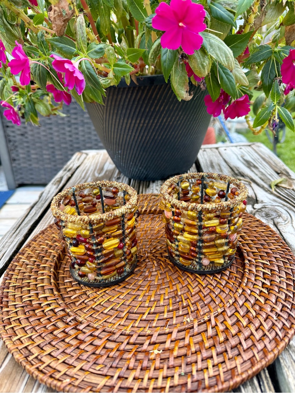 Pottery Barn Beaded Votive Candle Holders - Amber Multicolor